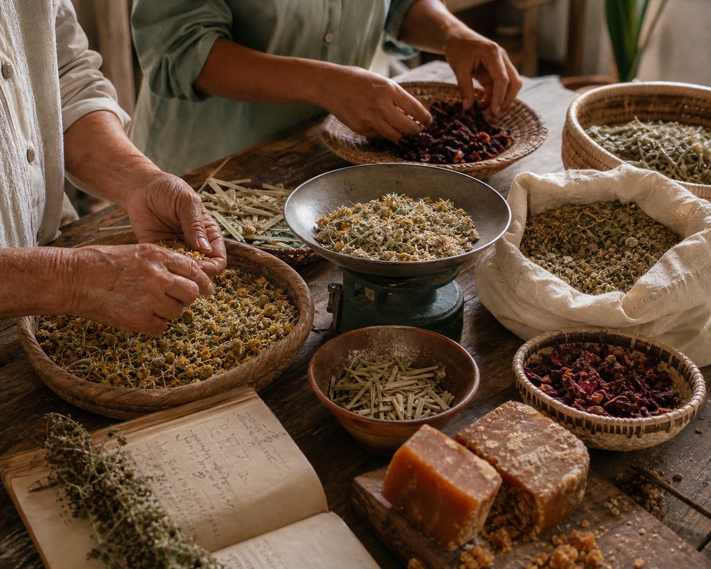 Manos seleccionando hierbas, panela e ingredientes para infusiones Orquídea